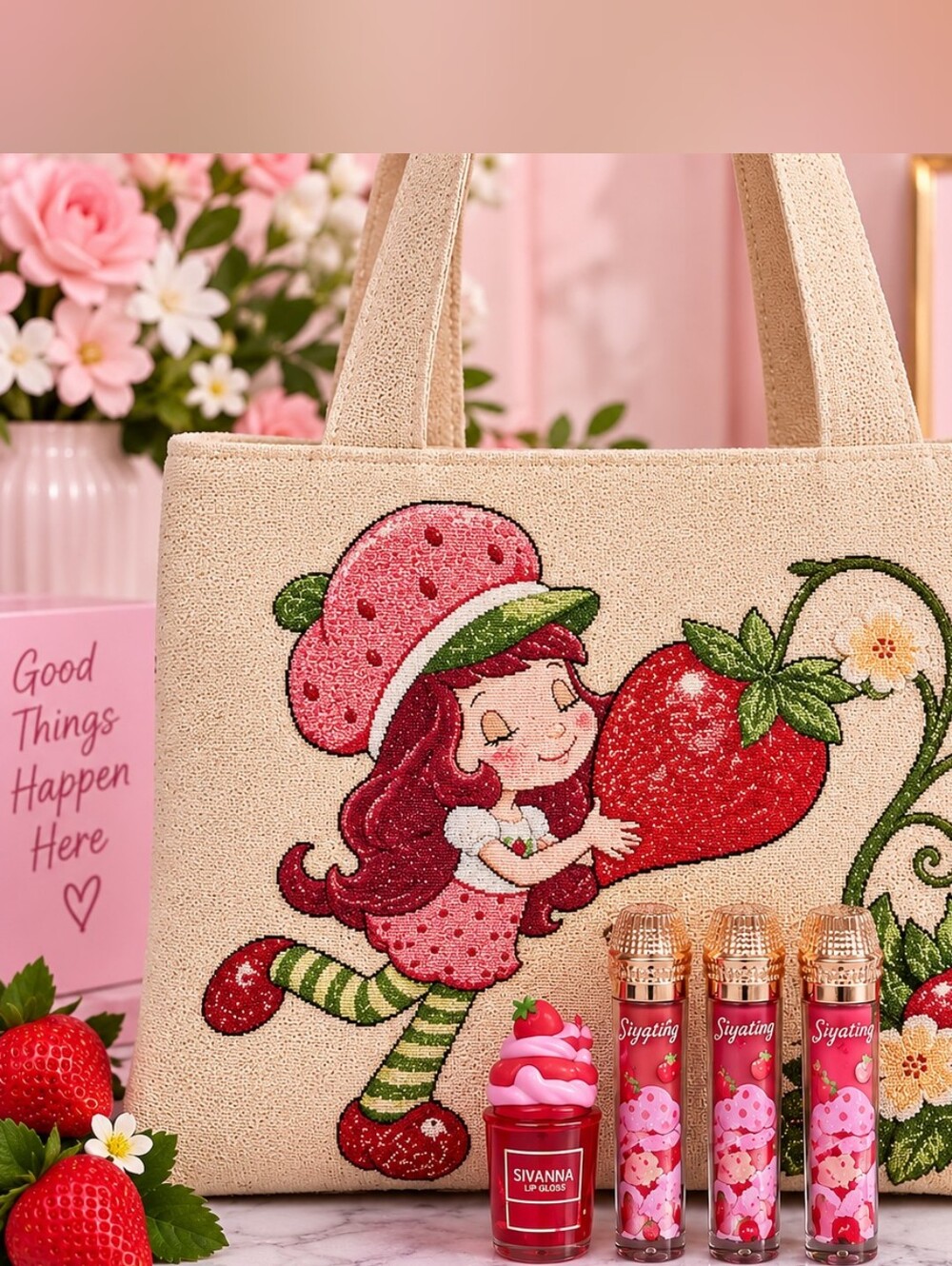 Strawberry Tote & Lip Gloss & Syiating Lip Oils Set - Pink/Red